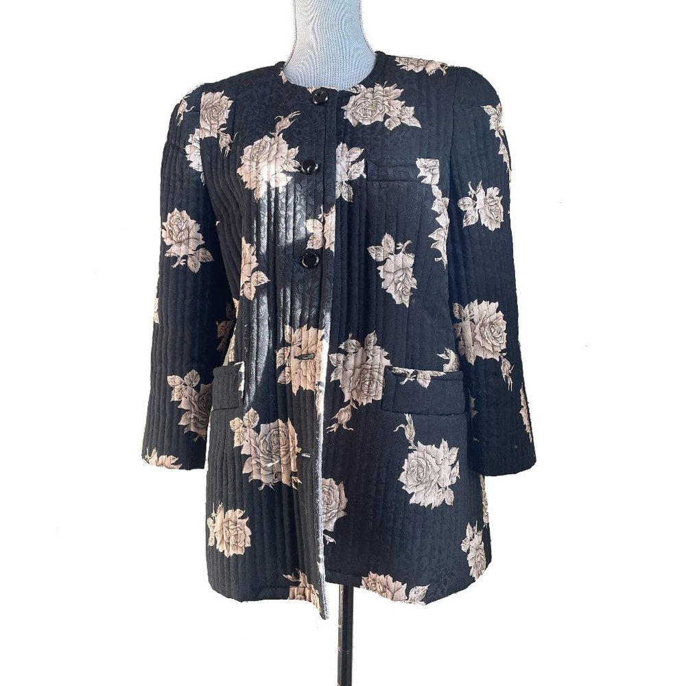 80's Vintage Asian Quilted Floral Coat Jacket Shoulder Pad M-L